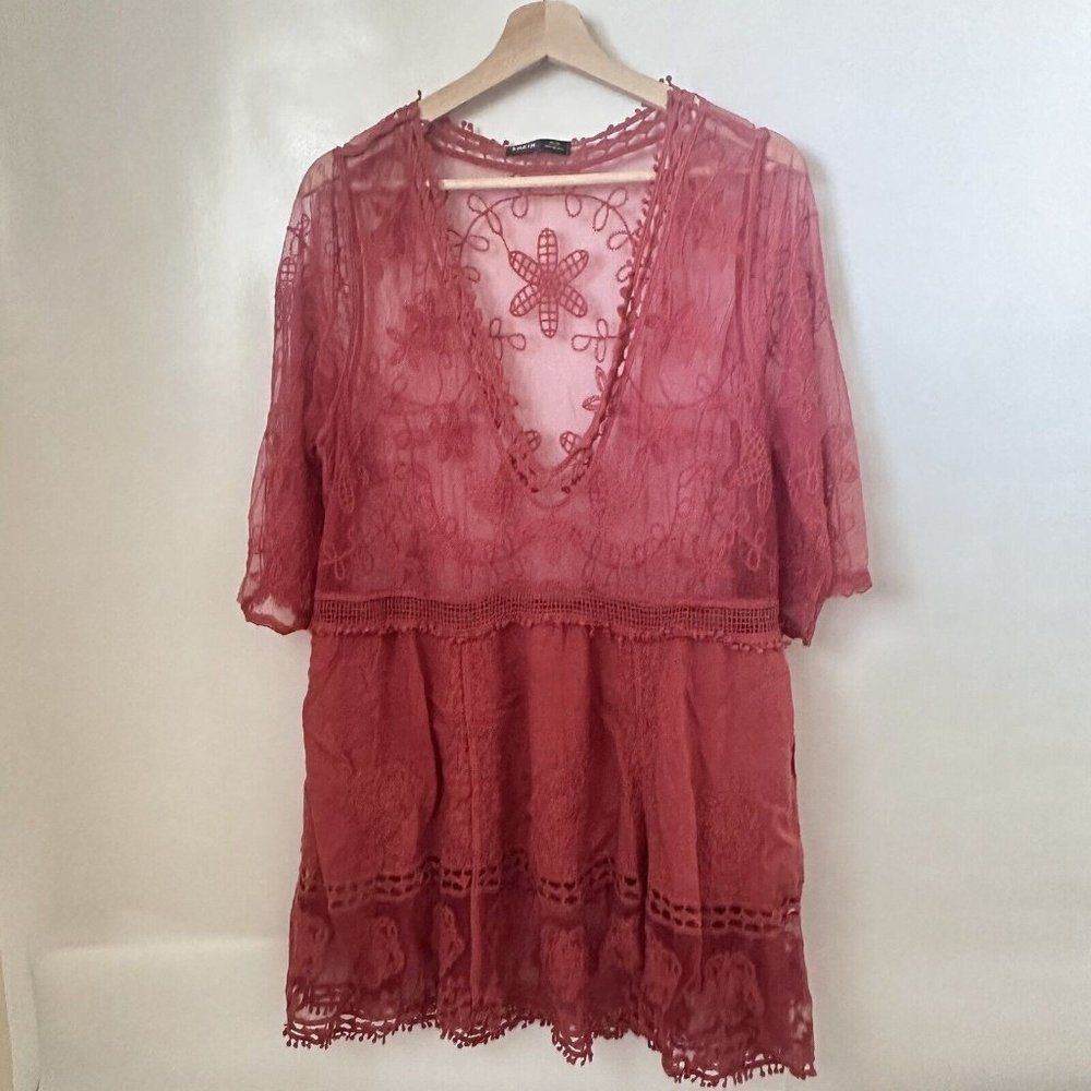 Shein Top Womens Coral Embroidered Mesh Crochet Cottage Lace Boho Victorian